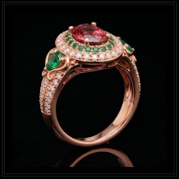 Oval Pink Tourmaline
Set with Tsavorite &
Small White Diamonds
