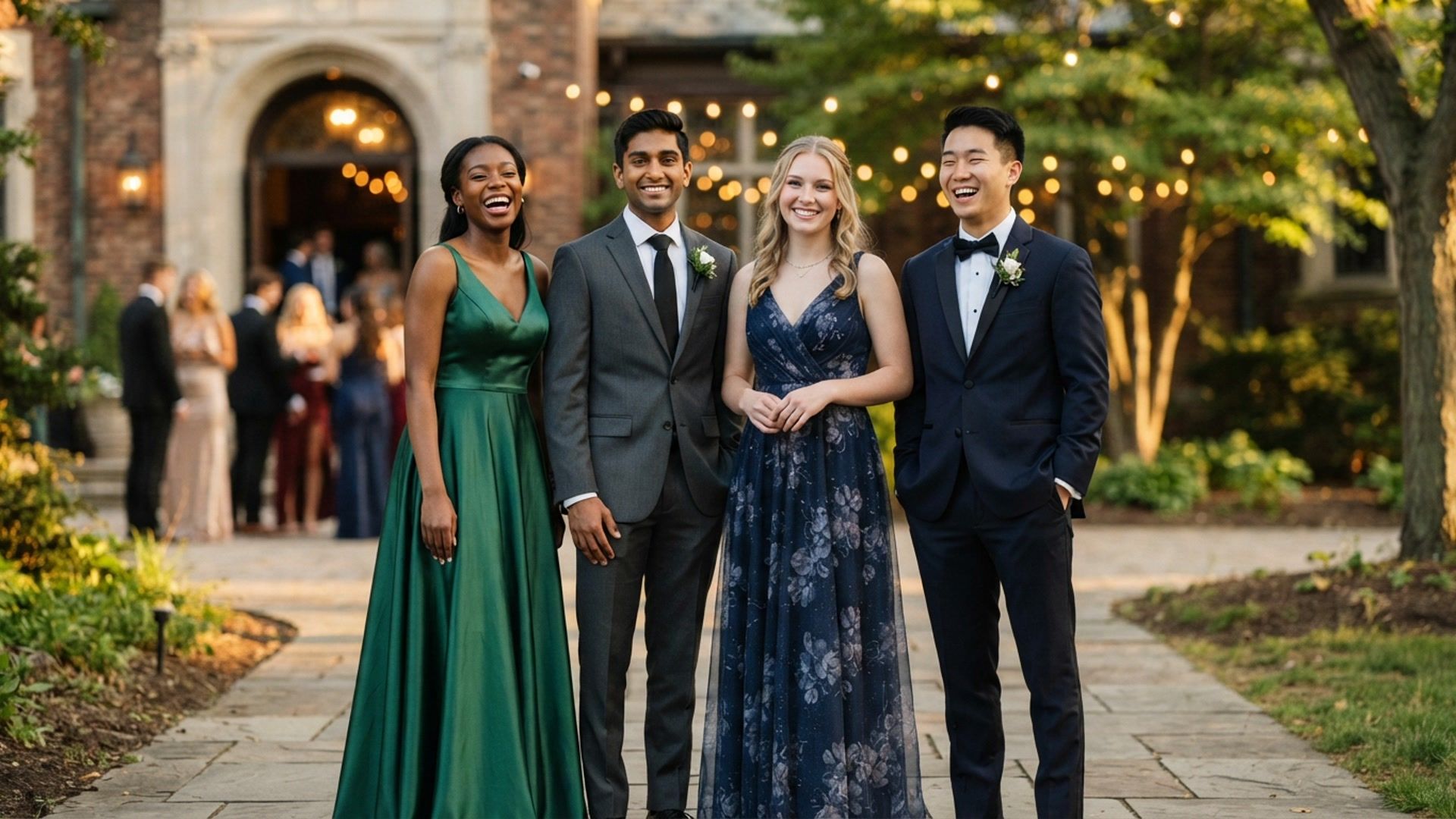 Four friends in formal prom attire posing outdoors before an evening event