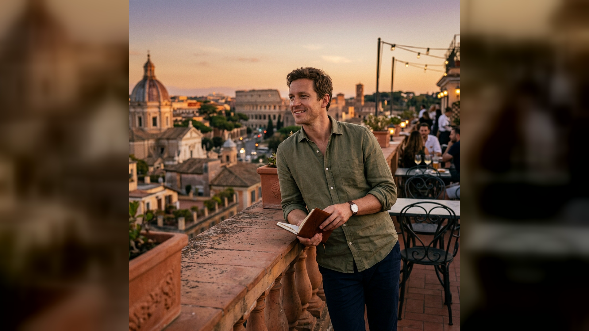 imageat-owned Rome terrace portrait at sunset with a historic skyline in a clean 16:9 composition