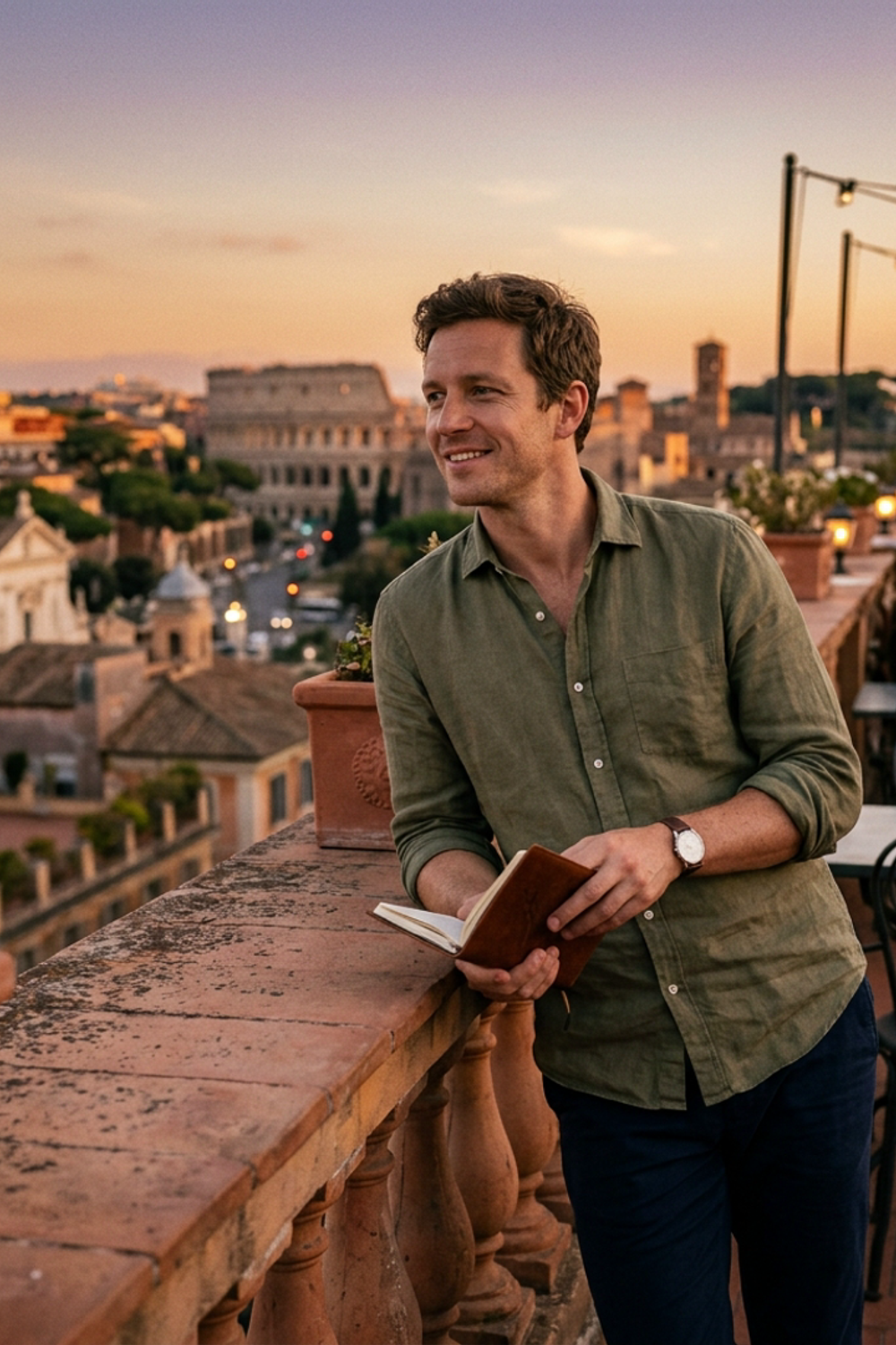 imageat-owned Rome terrace portrait at sunset with a historic skyline in a clean 16:9 composition