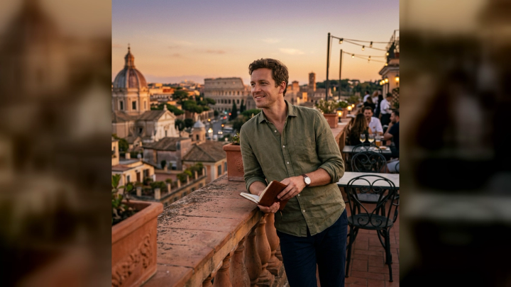 imageat-owned Rome terrace portrait at sunset with a historic skyline in a clean 16:9 composition