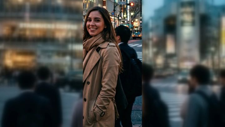 a clean evening city portrait with soft blurred lights surrounding the subject