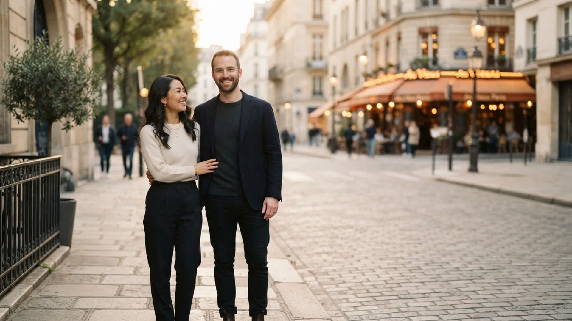 two fictional adults posing together on a softly lit city street
