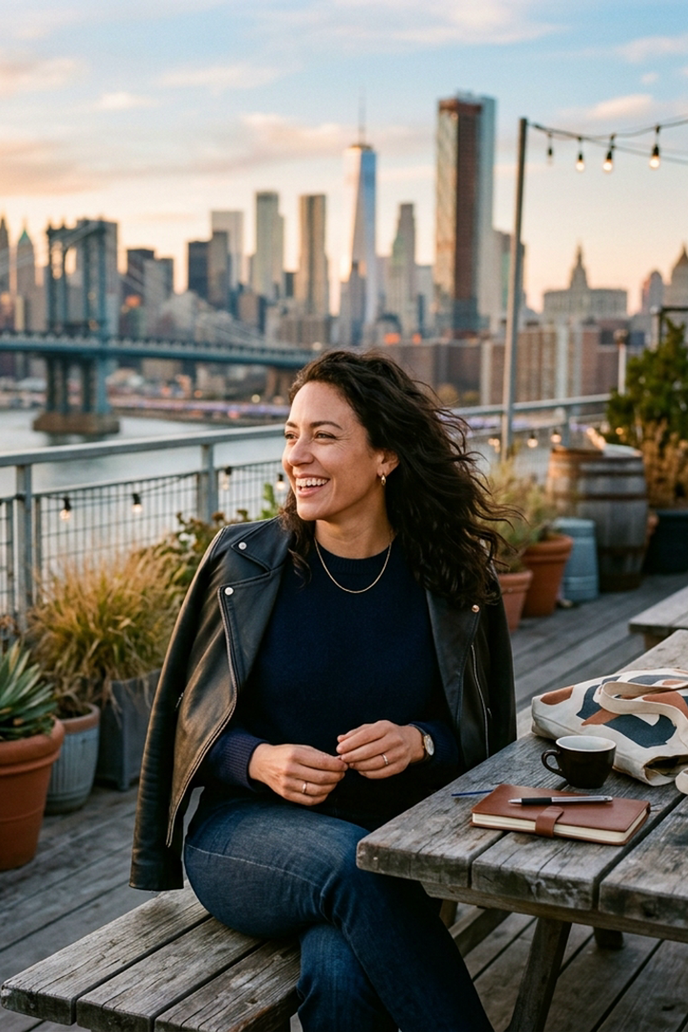 imageat-owned Brooklyn rooftop portrait with the New York skyline at sunset in a clean 16:9 composition