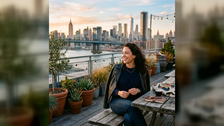 imageat-owned Brooklyn rooftop portrait with the New York skyline at sunset in a clean 16:9 composition