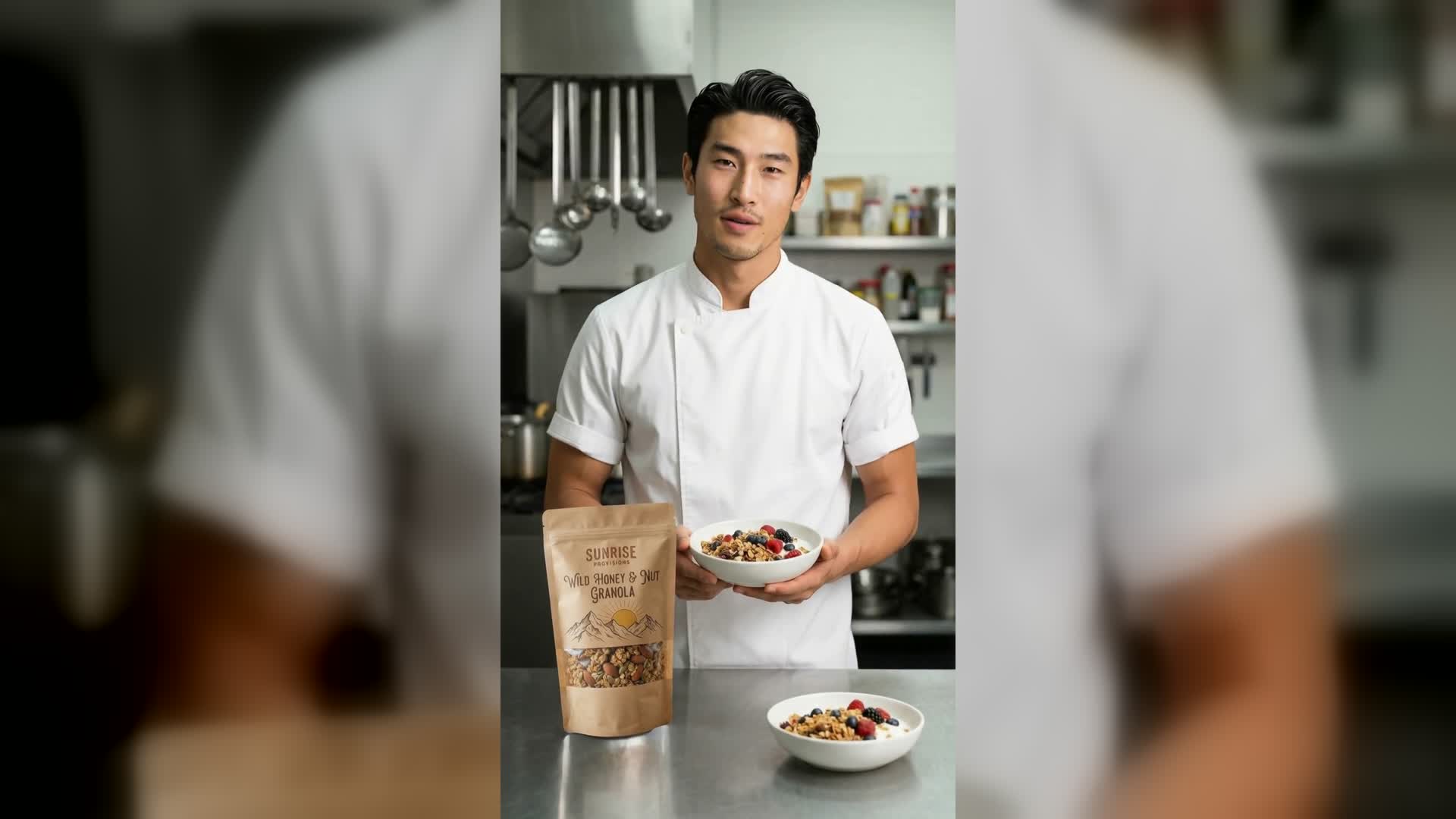 AI product video ad with a presenter holding a packaged product in a realistic kitchen setting