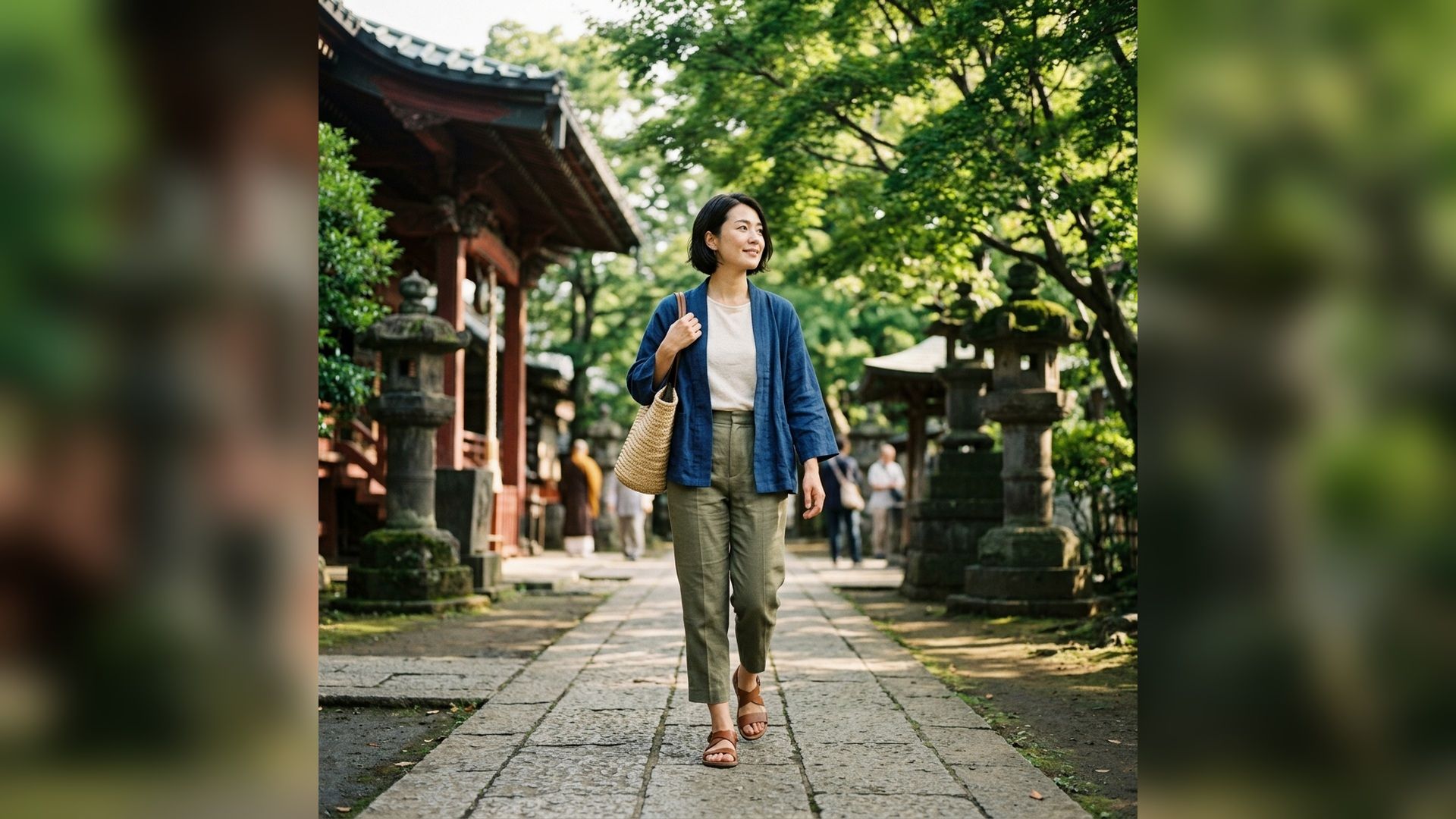 adult woman walking through a green temple setting in a Tokyo-inspired portrait