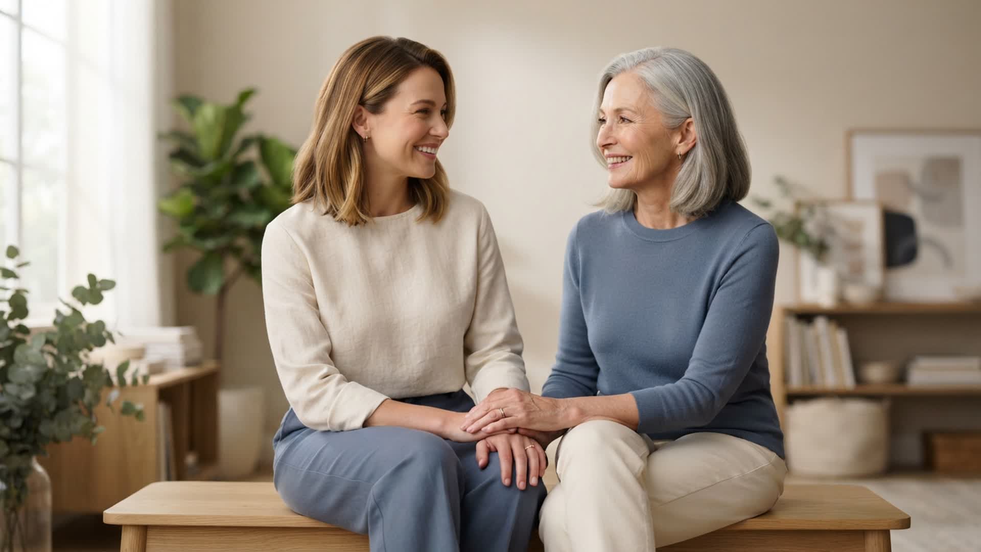 fictional present-day and older versions of the same woman smiling together in a bright room