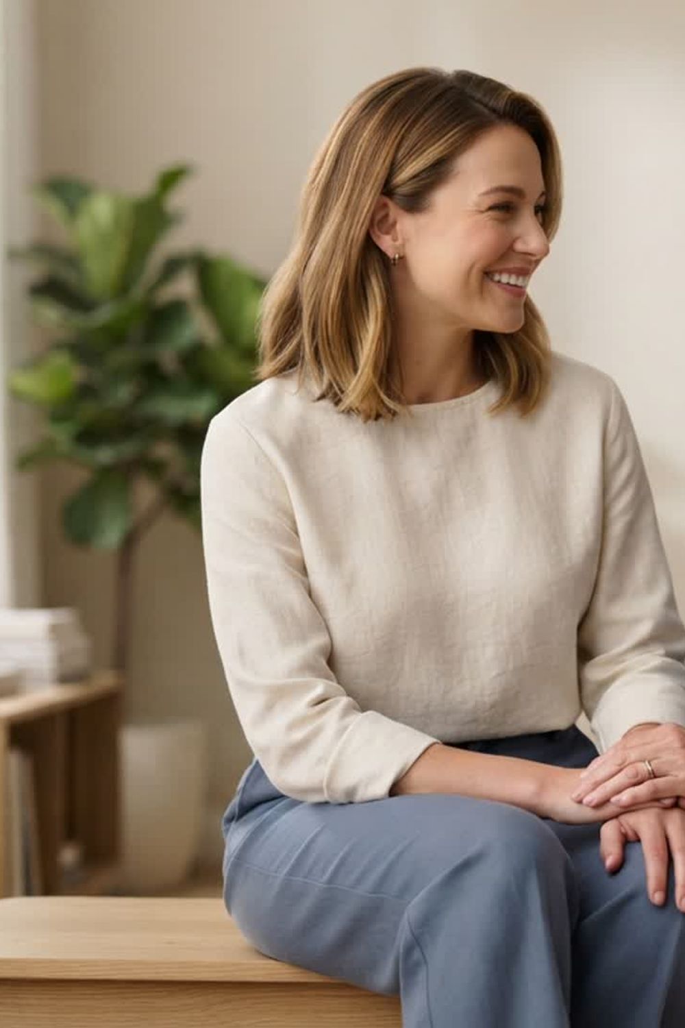fictional present-day and older versions of the same woman smiling together in a bright room