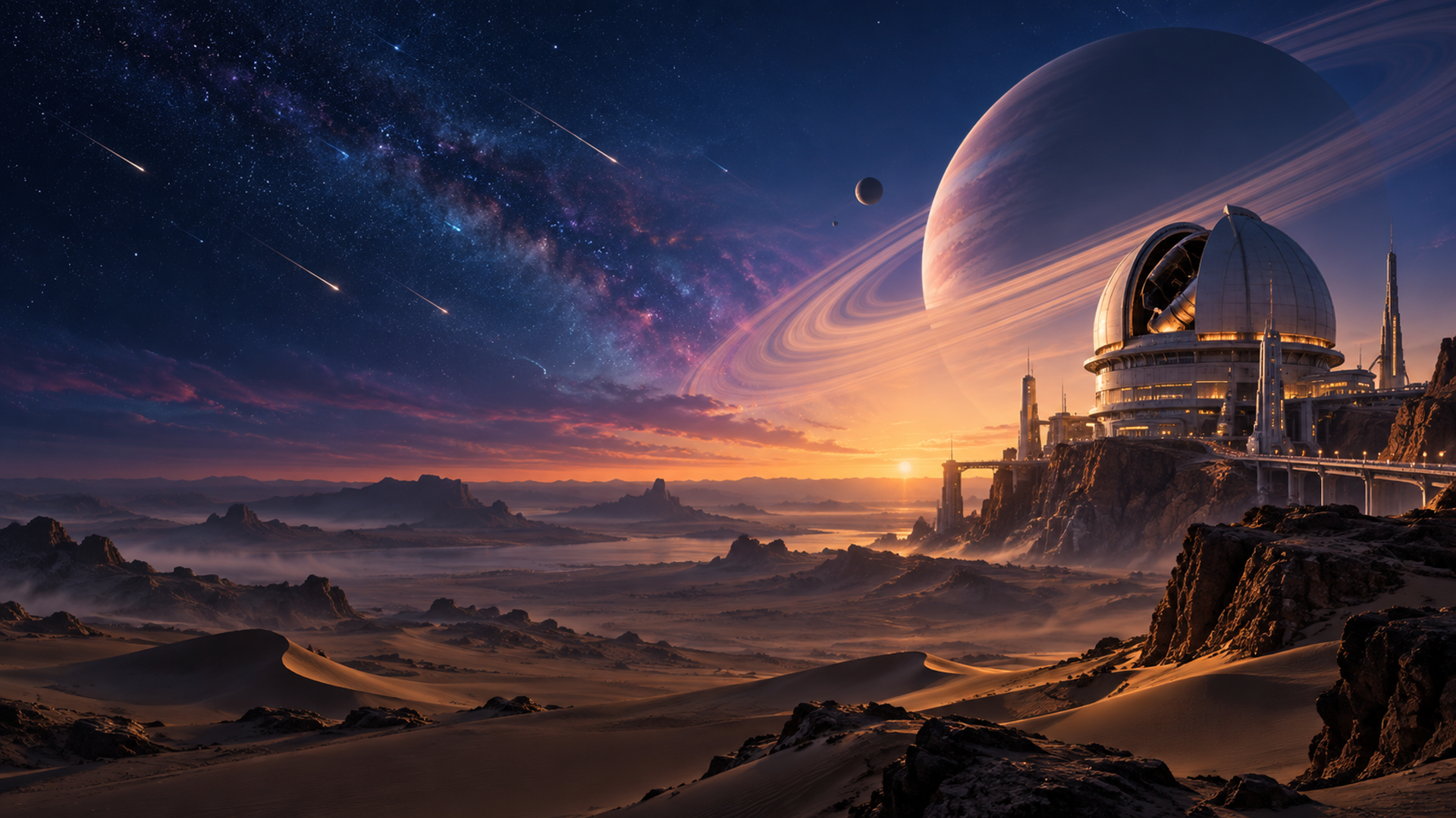 futuristic desert observatory beneath a ringed planet and meteor-filled sky