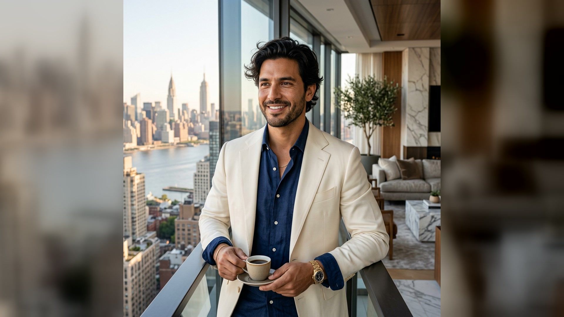 man in cream tailoring holding a coffee on a modern penthouse balcony