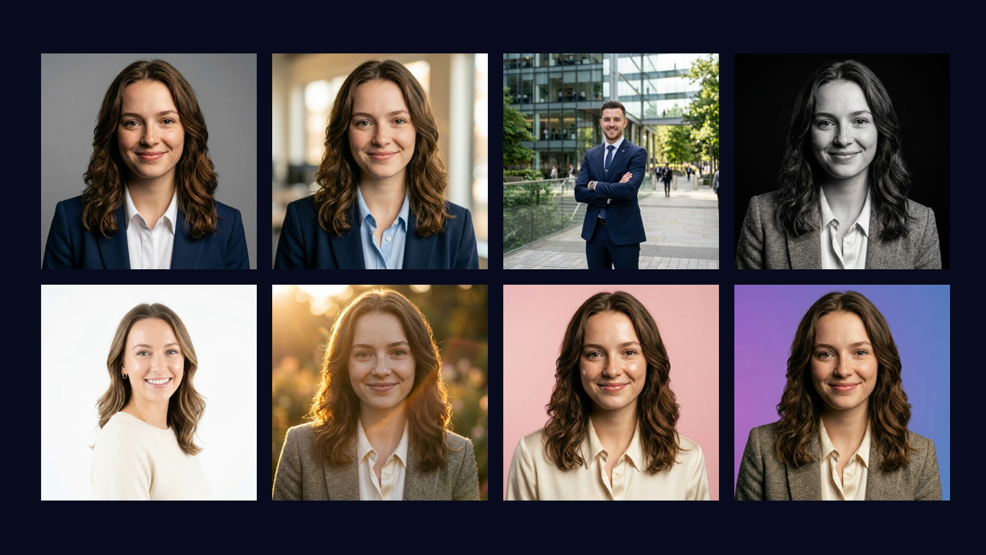 AI headshot generator examples using Imageat professional portrait styles