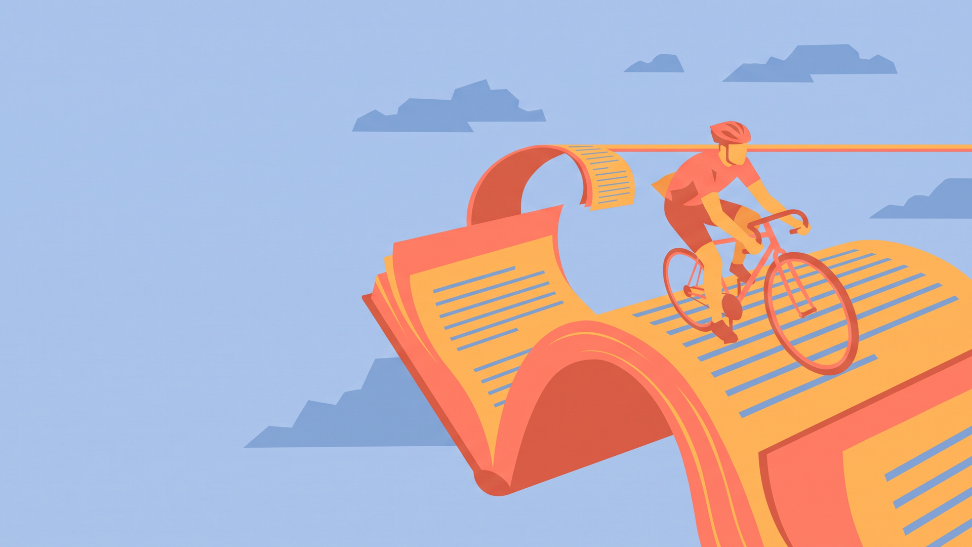 flat editorial illustration of a cyclist riding across the pages of an open book