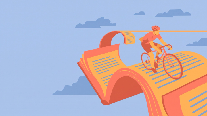 flat editorial illustration of a cyclist riding across the pages of an open book