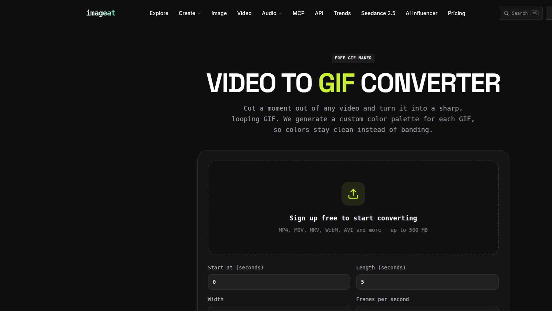 imageat video to GIF converter with duration, width, and frame-rate controls