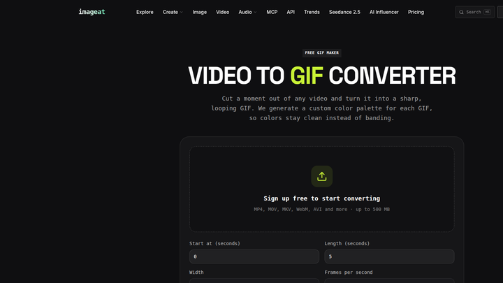 imageat video to GIF converter with duration, width, and frame-rate controls