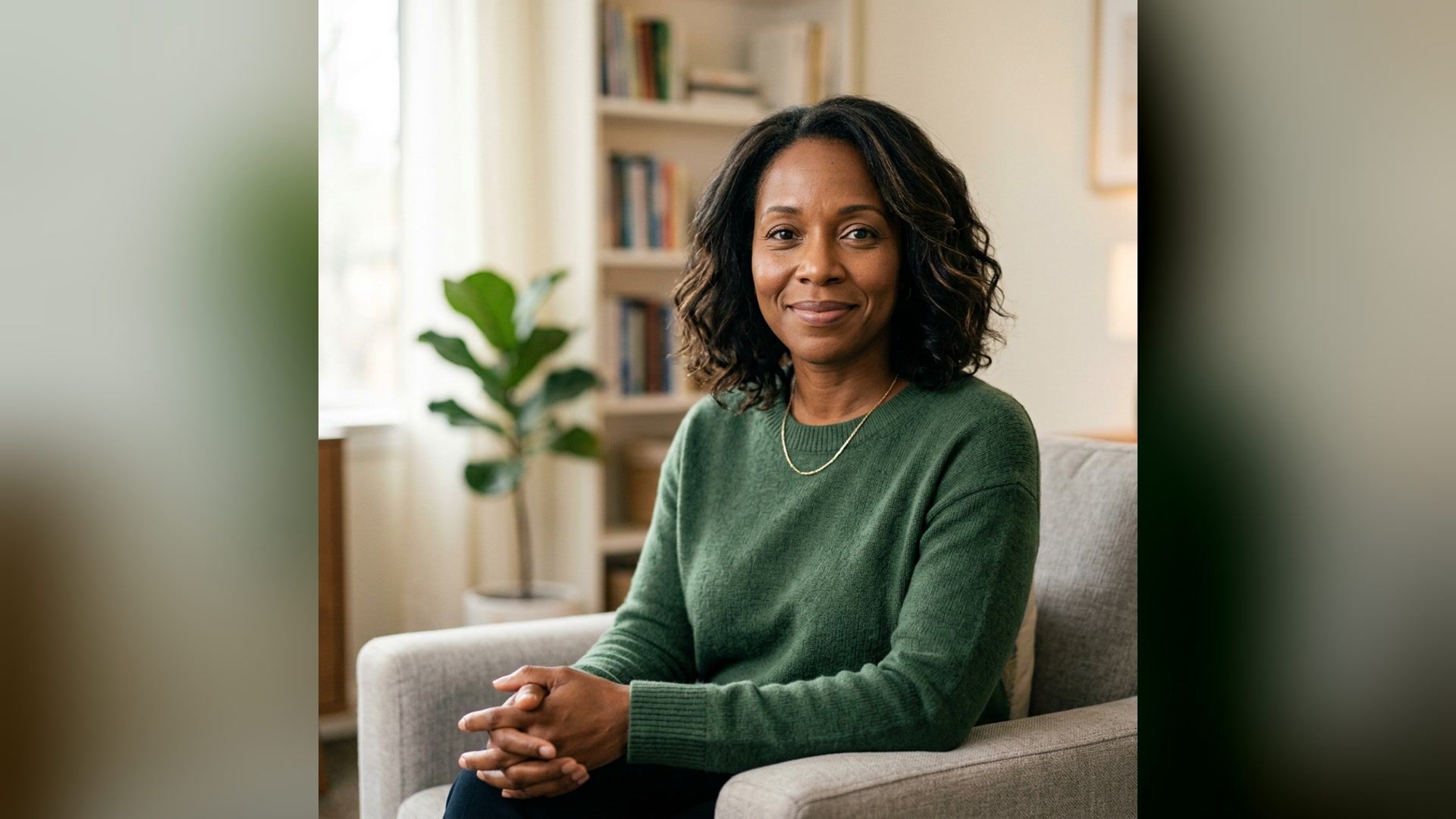 Warm, approachable therapist headshot in a calm office setting