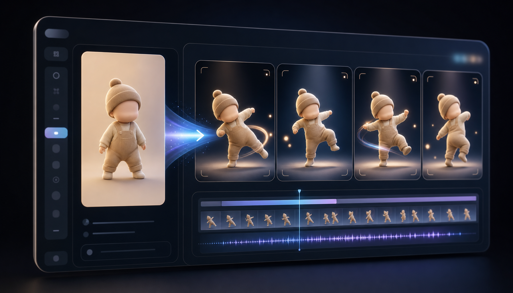 AI photo-to-video editor transforming a baby photo into a dancing video timeline