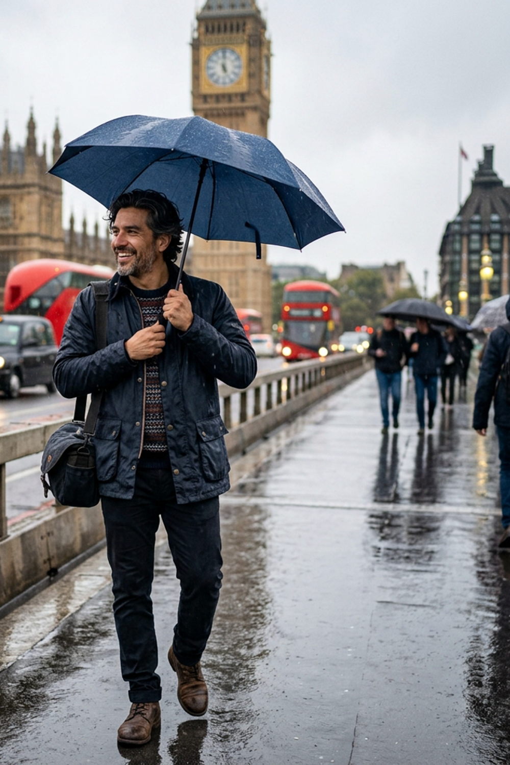 imageat-owned rainy Westminster portrait showing a layered London outfit in a clean 16:9 composition
