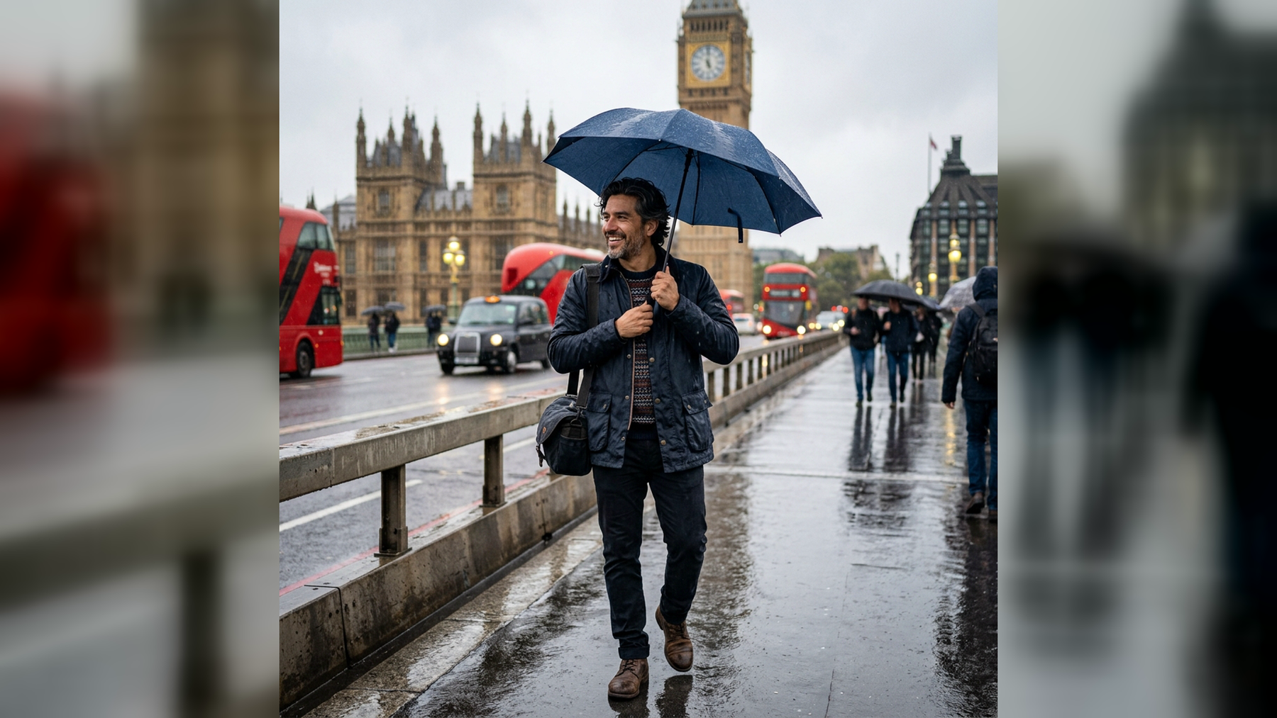 imageat-owned rainy Westminster portrait showing a layered London outfit in a clean 16:9 composition