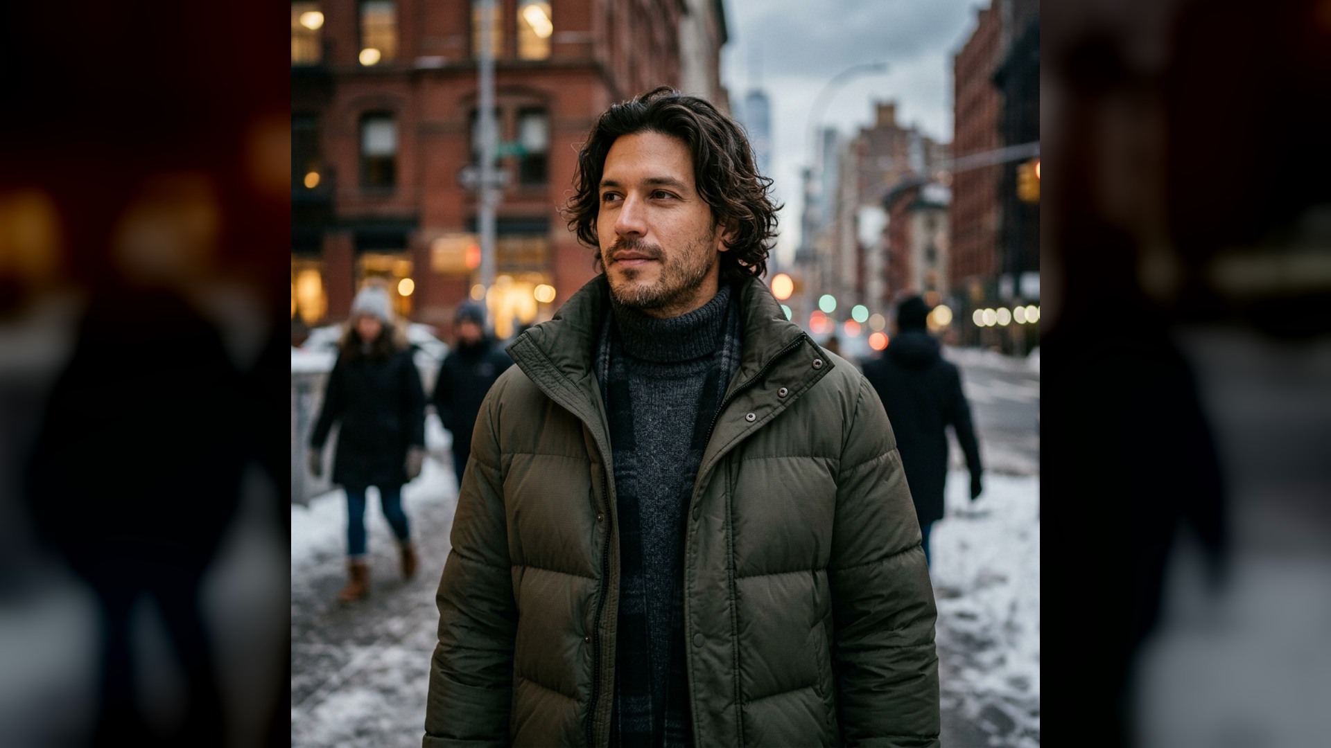 imageat-owned winter city portrait featuring an olive puffer jacket in a clean 16:9 composition