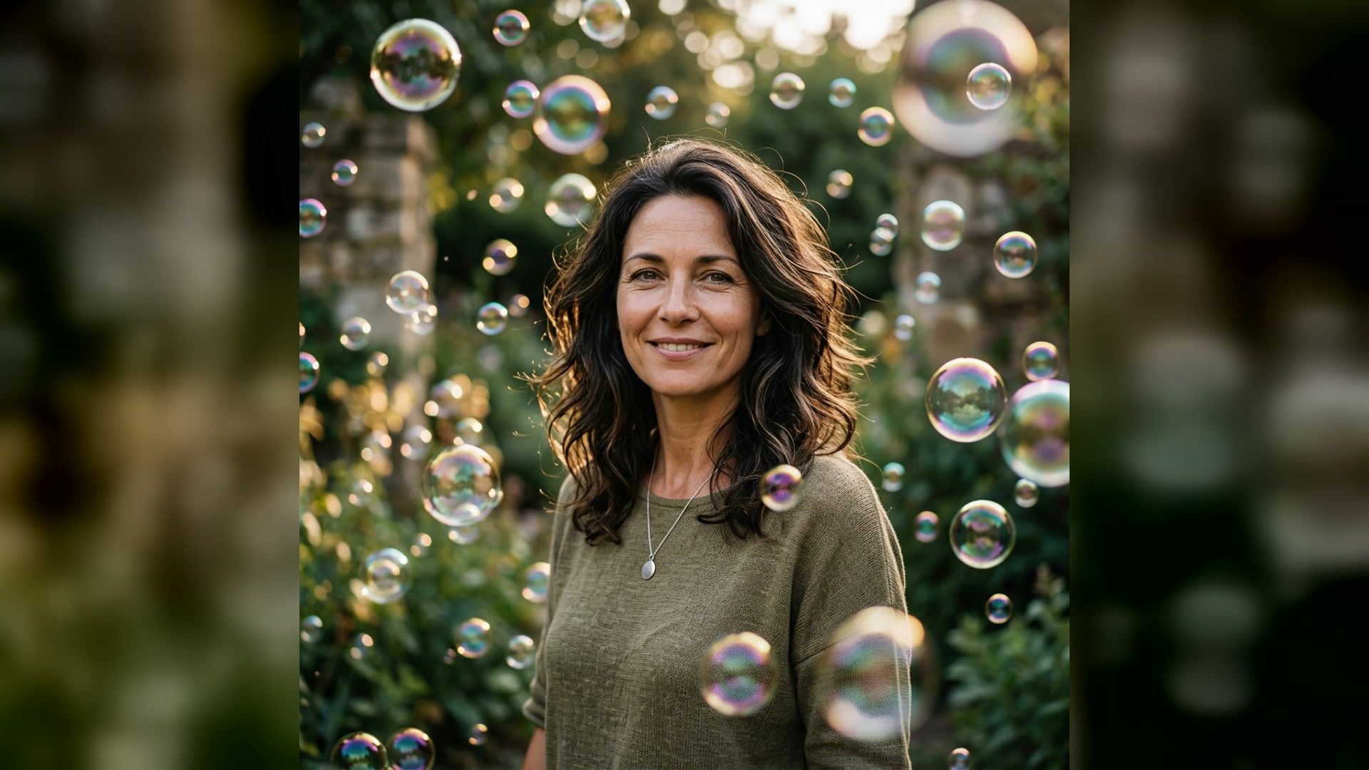 soap bubble portrait in a garden with iridescent reflections