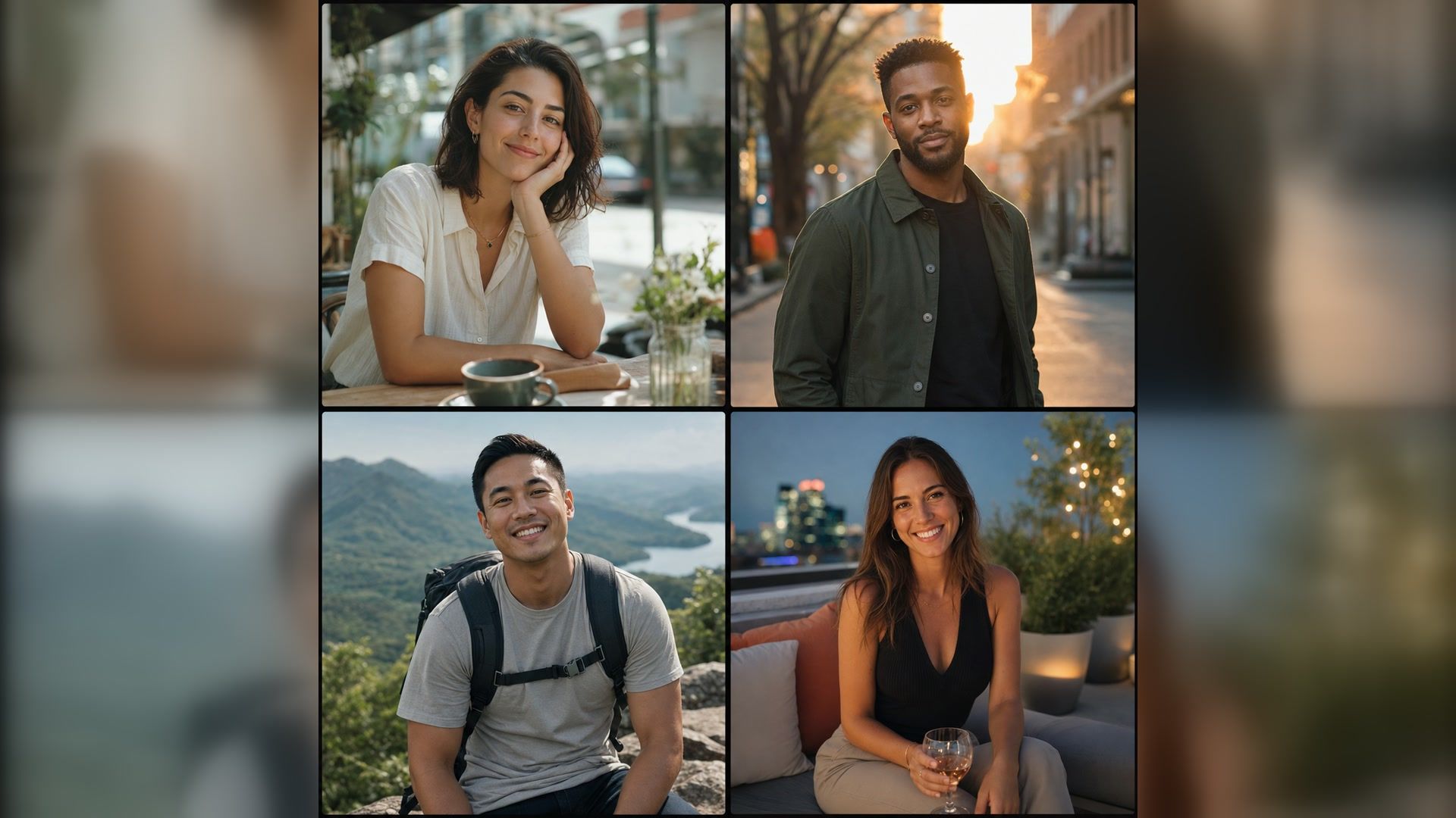 four natural dating profile picture ideas for café, city, hiking, and evening settings