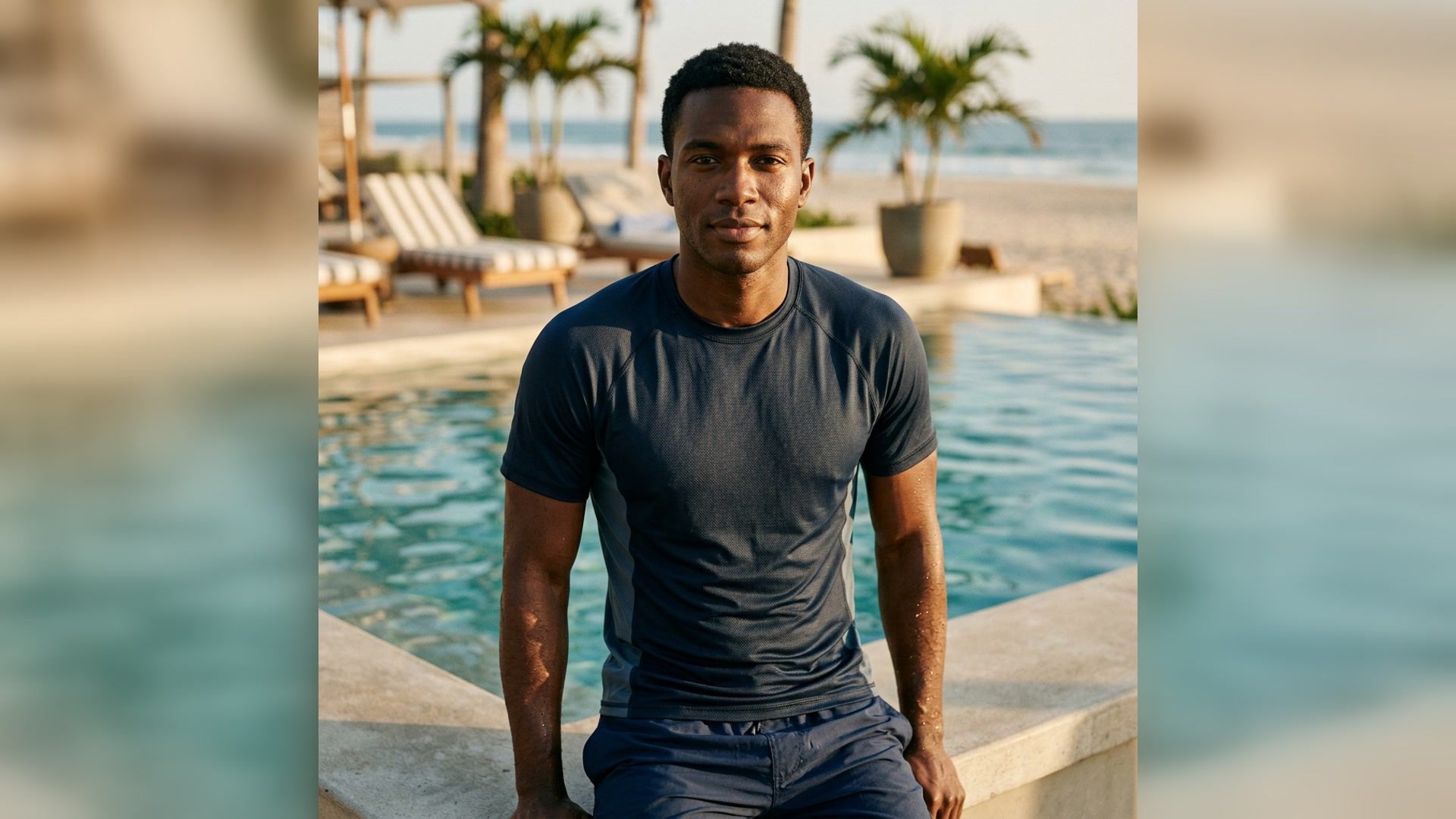 adult man in tasteful swimwear beside a resort pool