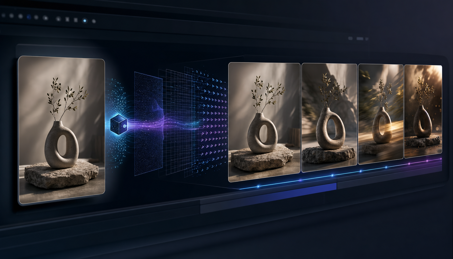 Premium AI editor interface showing a source image transforming into cinematic video frames