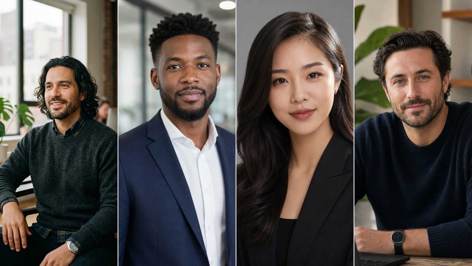 Four diverse startup founders and team members in coordinated professional office portraits