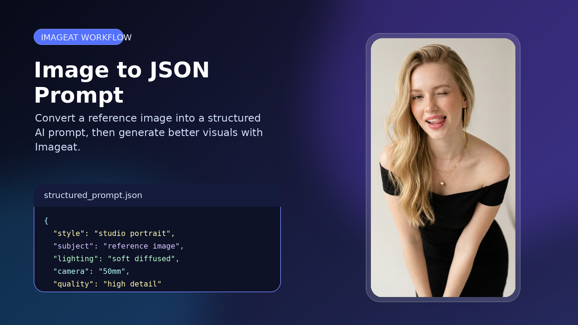 Image to JSON prompt workflow with structured JSON and Imageat example image