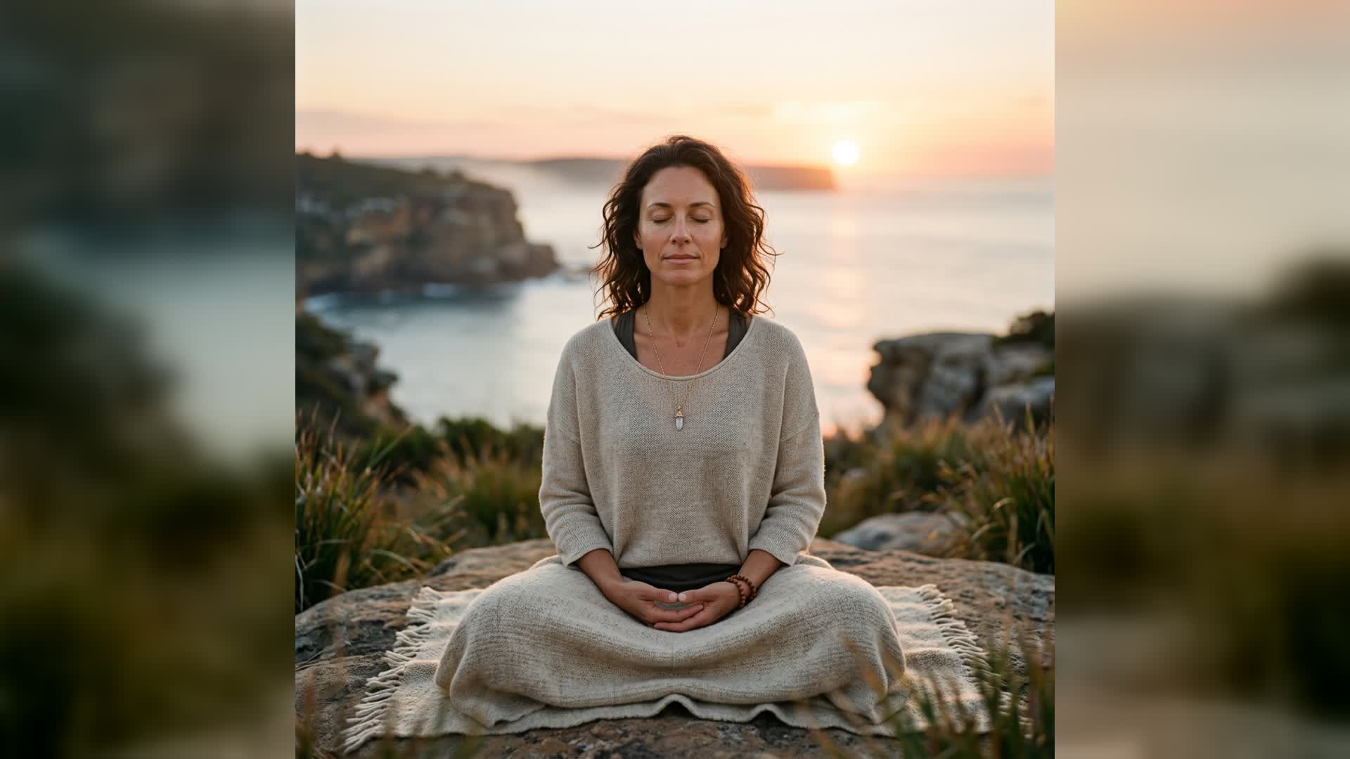 woman meditating outdoors at sunset near the sea