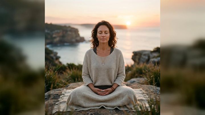 woman meditating outdoors at sunset near the sea