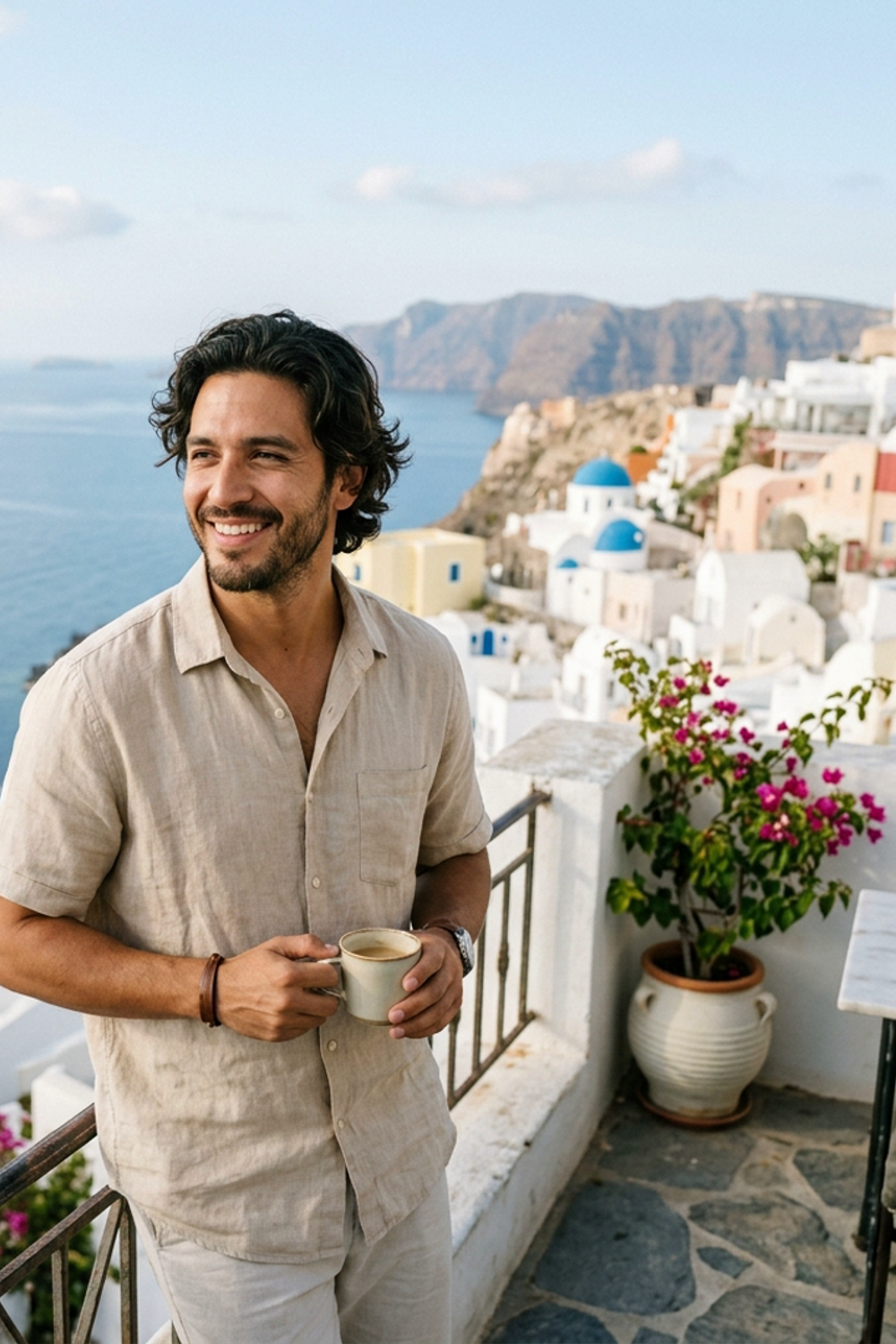 imageat-owned Santorini island portrait with whitewashed architecture, Aegean views, and title-safe negative space