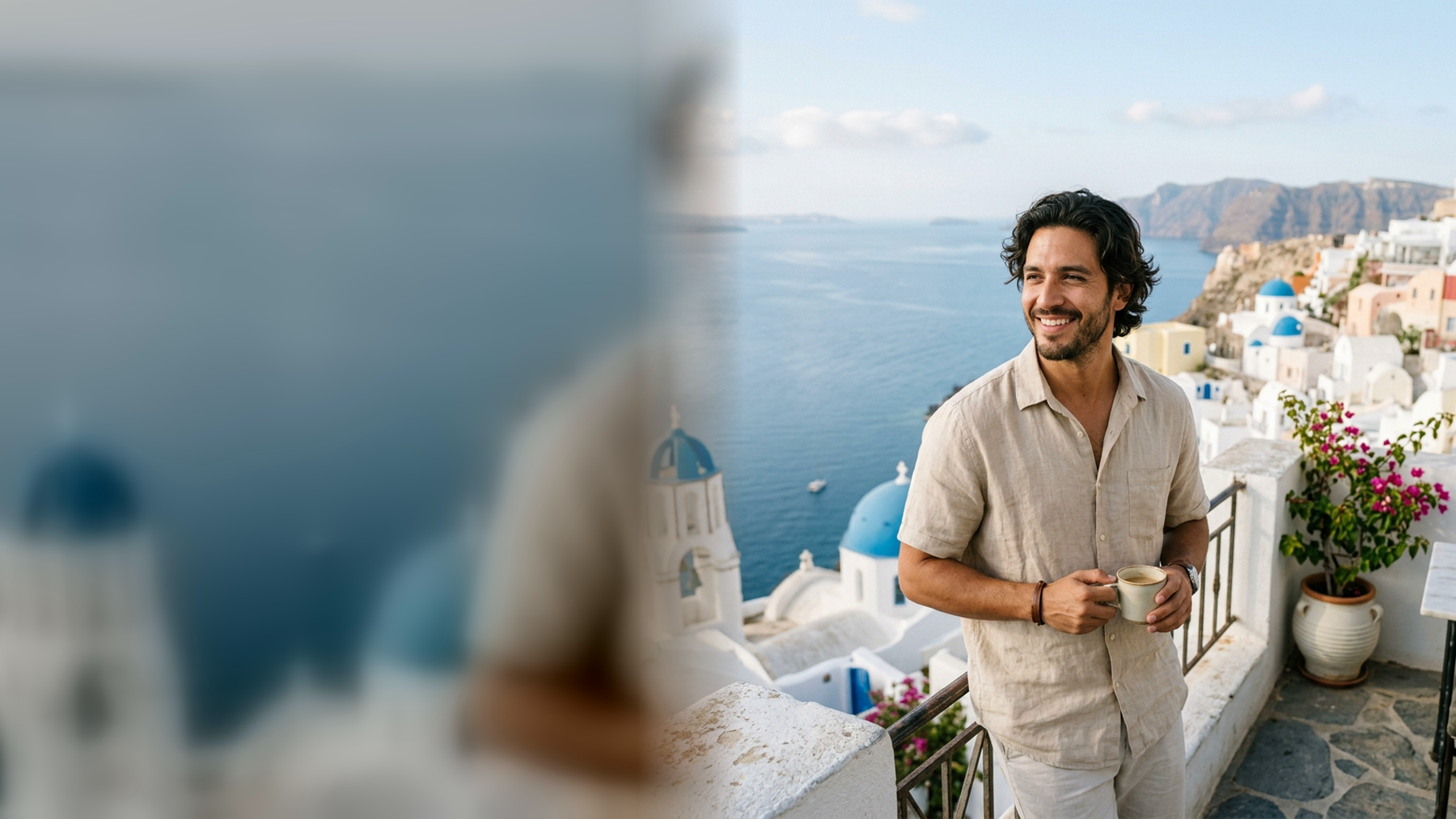 imageat-owned Santorini island portrait with whitewashed architecture, Aegean views, and title-safe negative space