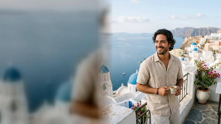 imageat-owned Santorini island portrait with whitewashed architecture, Aegean views, and title-safe negative space