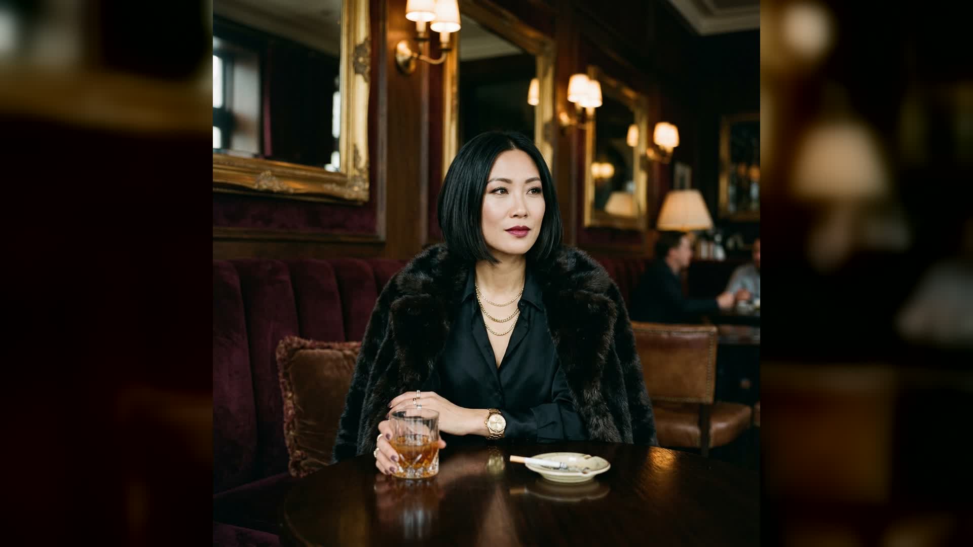 mob wife aesthetic portrait with dark satin, faux-fur styling, gold jewelry, and warm lounge light