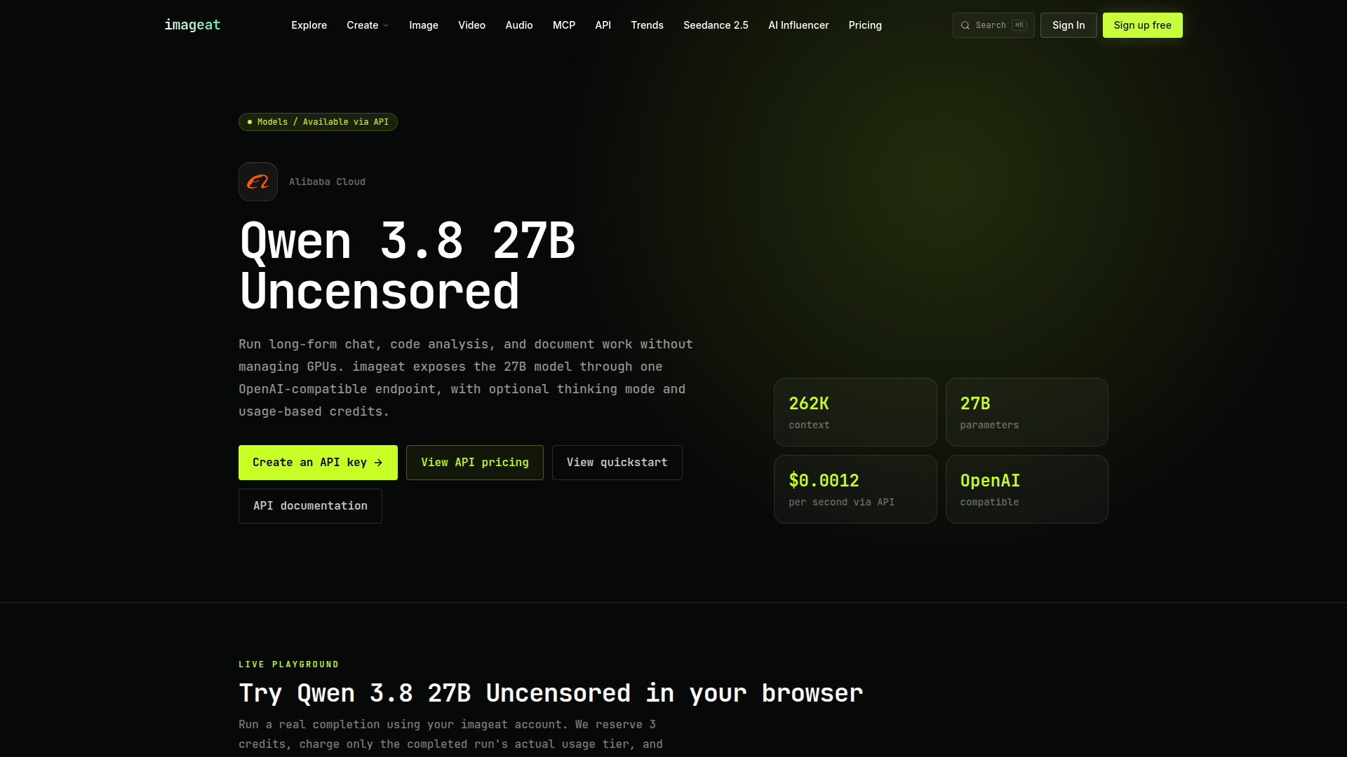 Qwen 3.8 27B Uncensored OpenAI-compatible API model page on imageat