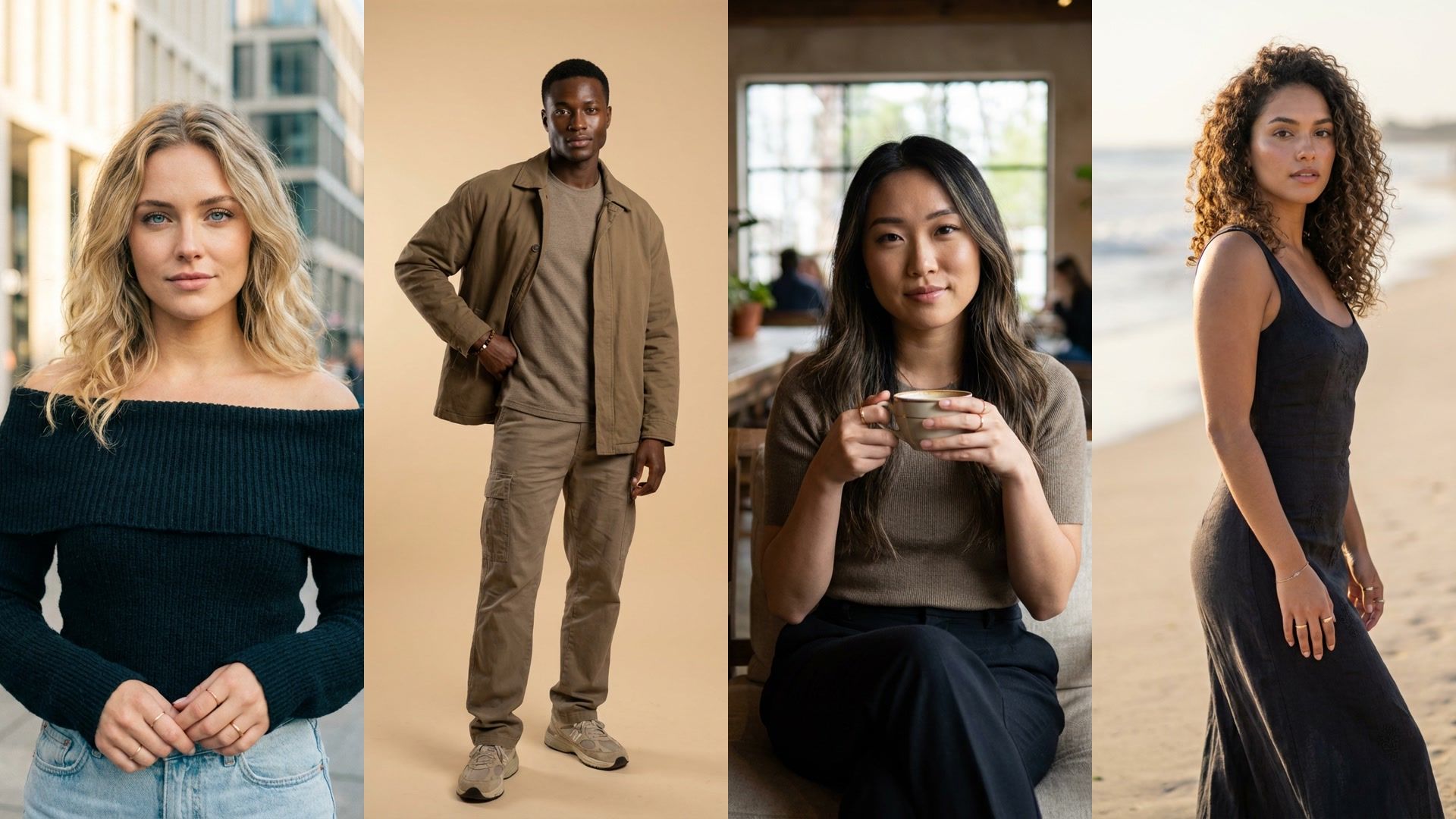 four realistic AI photoshoot portraits in studio, café, city, and beach settings