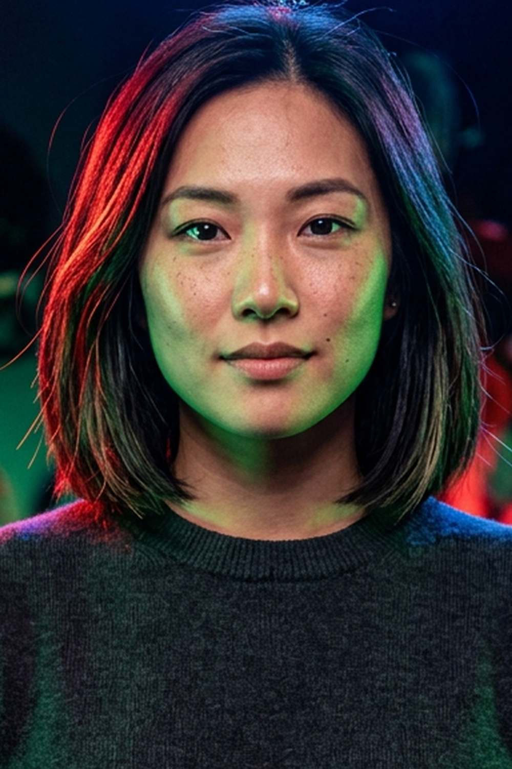 portrait illuminated by red, green, and blue studio lights
