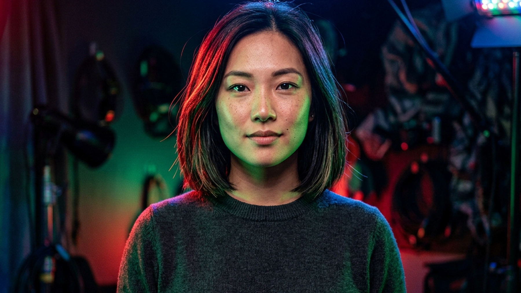 portrait illuminated by red, green, and blue studio lights