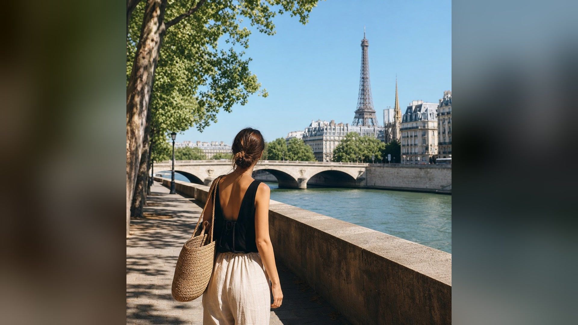 a traveler walking beside the Seine with the Eiffel Tower visible across Paris