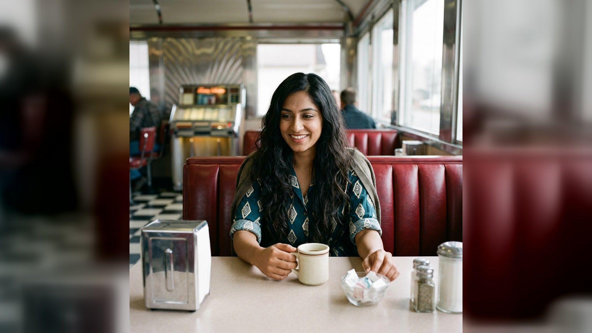 1950s diner photoshoot portrait at a red booth with a coffee cup