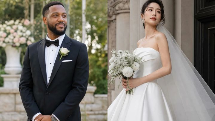 two polished wedding portraits illustrating formal pre-wedding outfit and lighting ideas