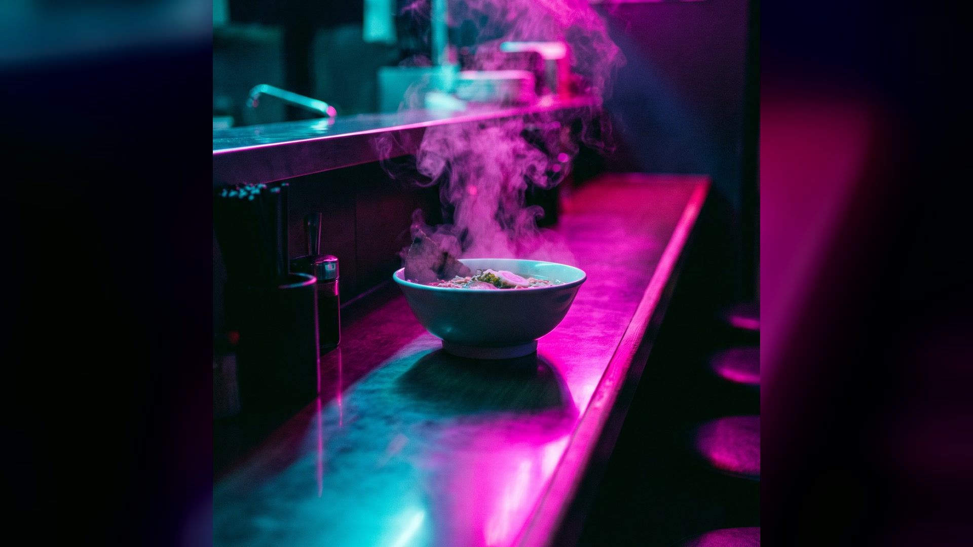 neon-lit ramen counter with a steaming bowl in a vertical story-style composition