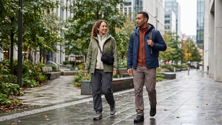 two adults wearing layered gorpcore outfits on a rain-damp city walkway