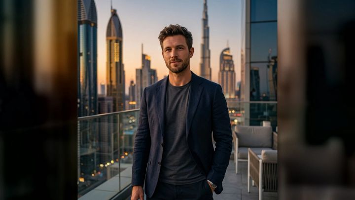man posing on a Dubai rooftop with the skyline at sunset
