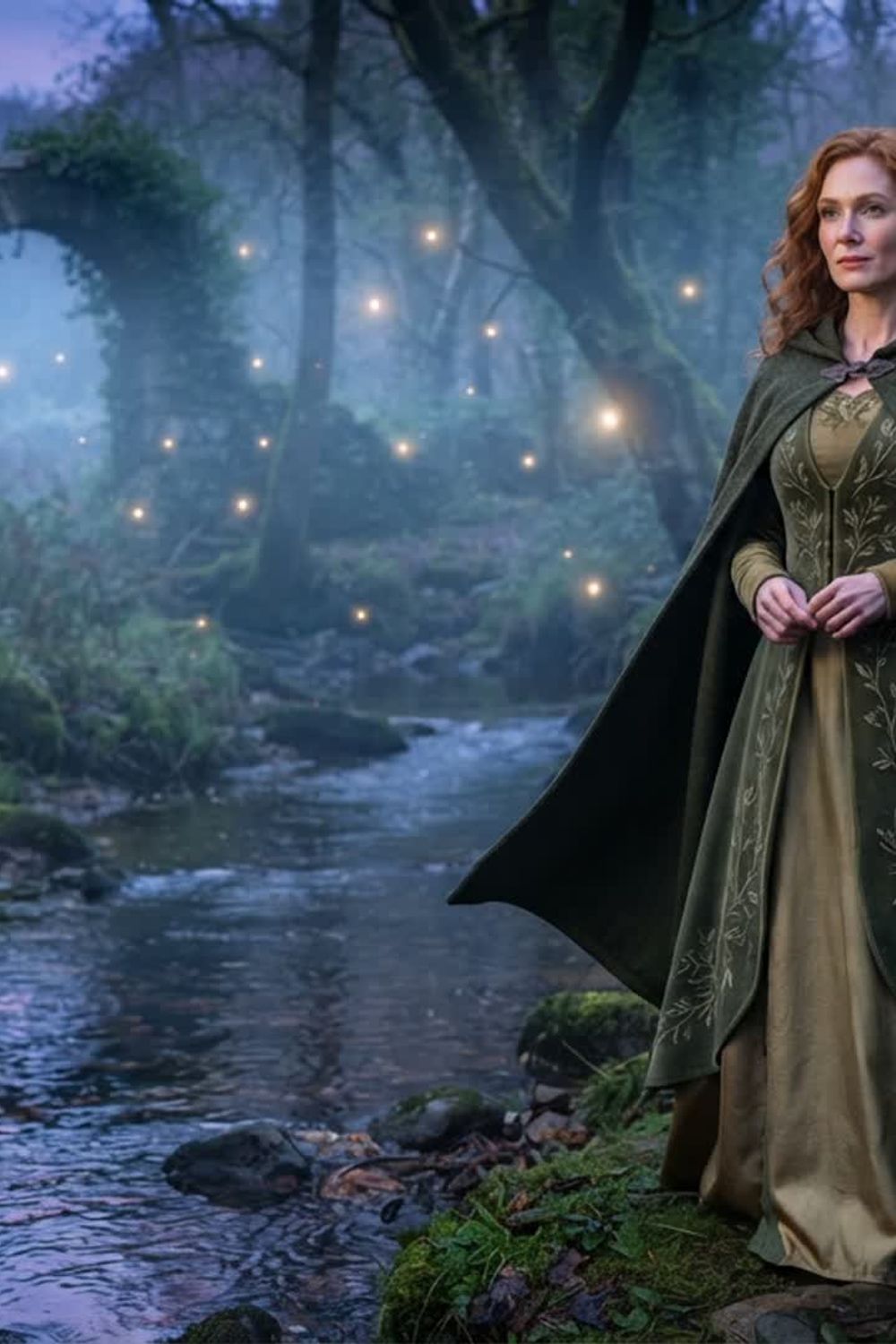 original fantasy portrait of a fictional woman in a green cloak beside a forest stream