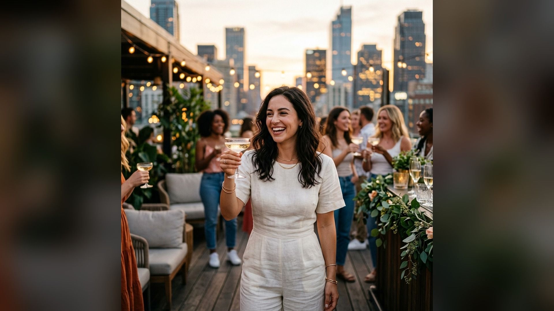 Bride-to-be raising a glass at a rooftop bachelorette party at sunset
