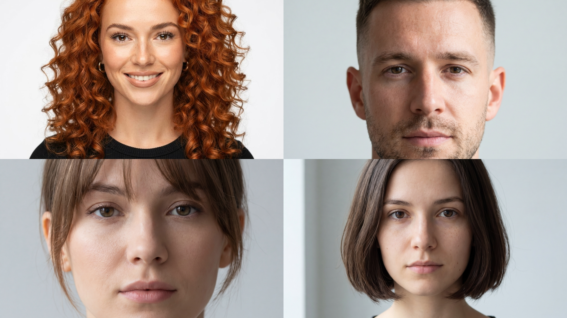 Four imageat hairstyle previews showing curly hair, a fade, curtain bangs, and a French bob